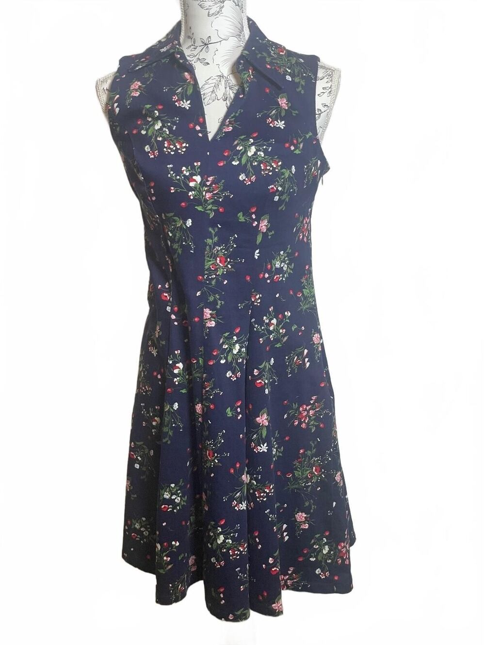 Chetta B Women’s Navy Blue Strawberry Floral A-Line Dress size 4 Cottage Posh